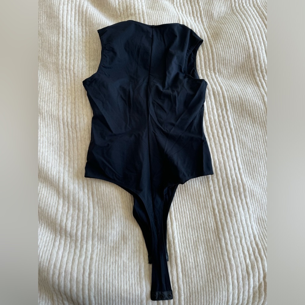 Fleur du Mal Margo Lace Trim Deep V Black Bodysuit